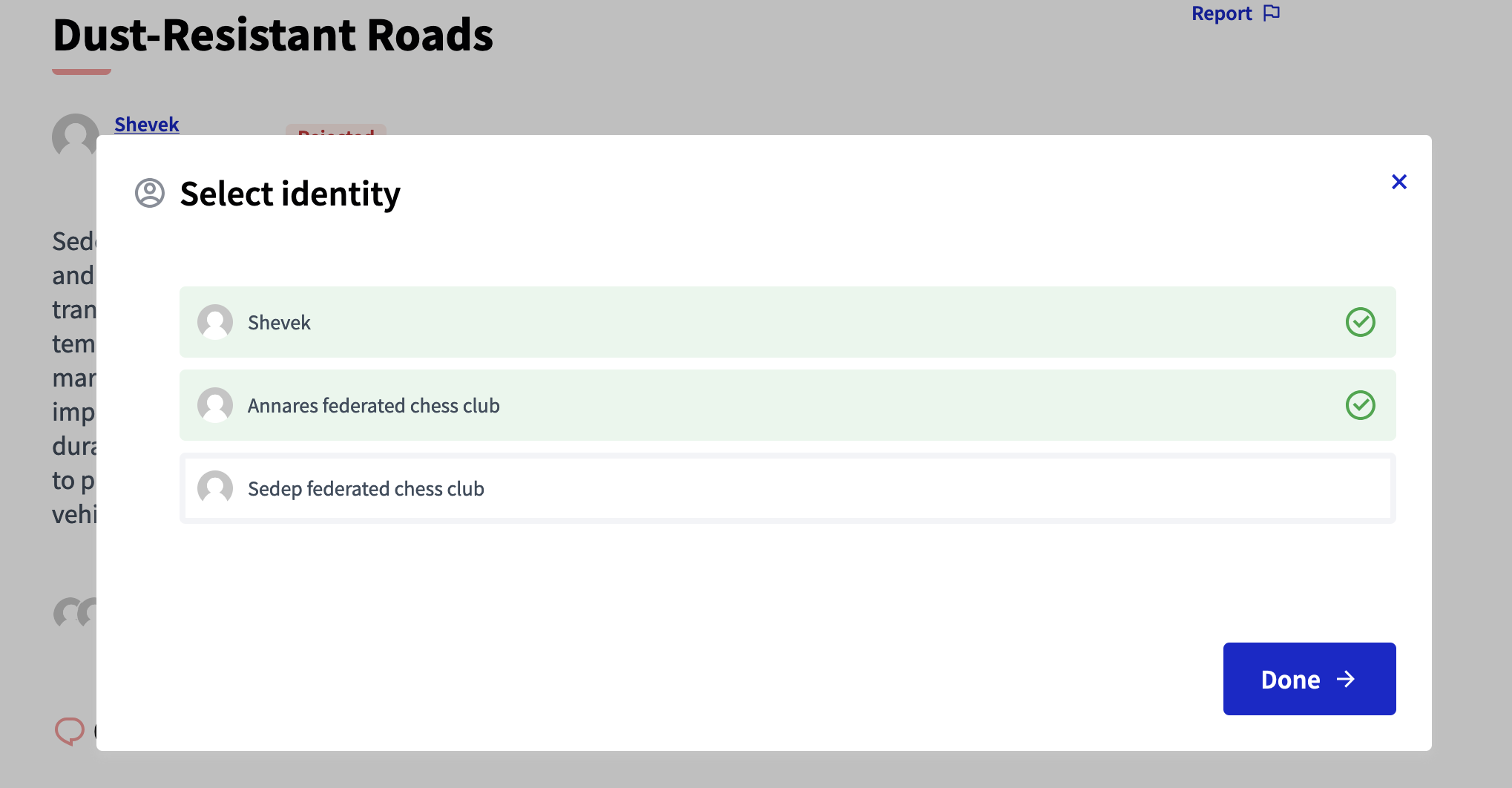 Select identity modal