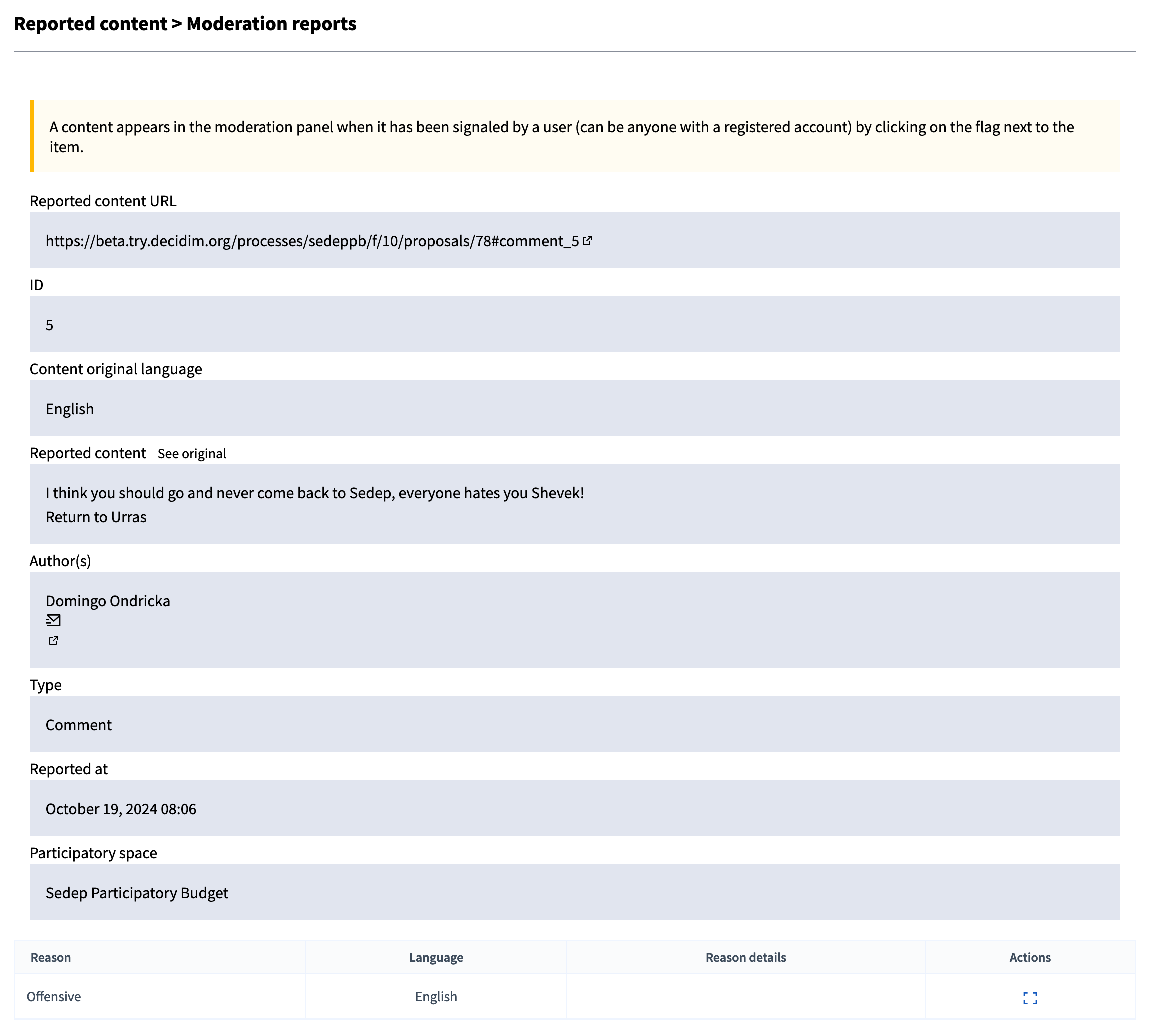 Panneau de modération globale pour le contenu